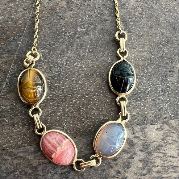 XiXi handmade multicolor stone station necklace on gold tone chain - Picture 3 of 11